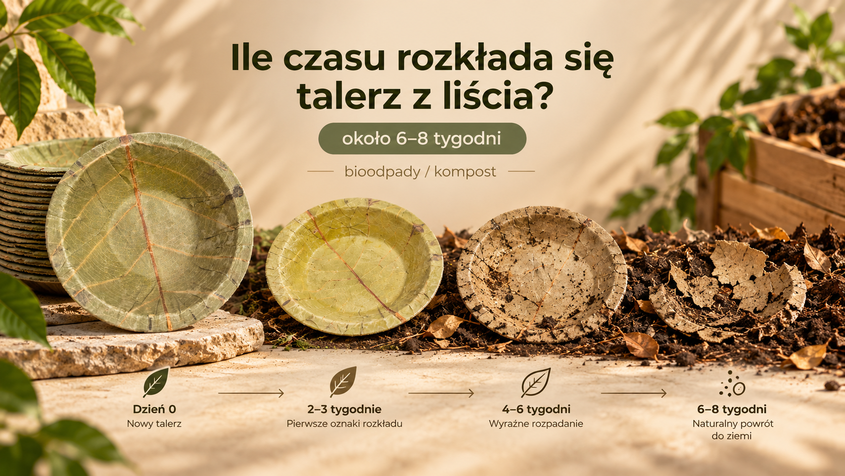 Etapy rozkładu talerza z liści Sal w kompoście – od nowego do powrotu do ziemi w 6–8 tygodni