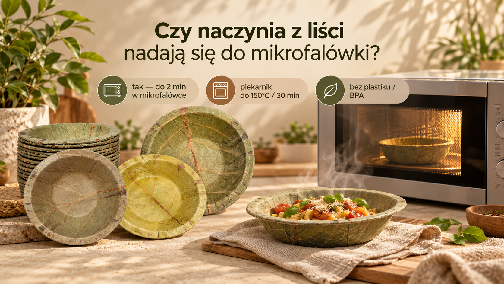 Naczynia z liści Sal w mikrofalówce i piekarniku – bezpieczne do 2 min w mikrofalówce, bez plastiku i BPA